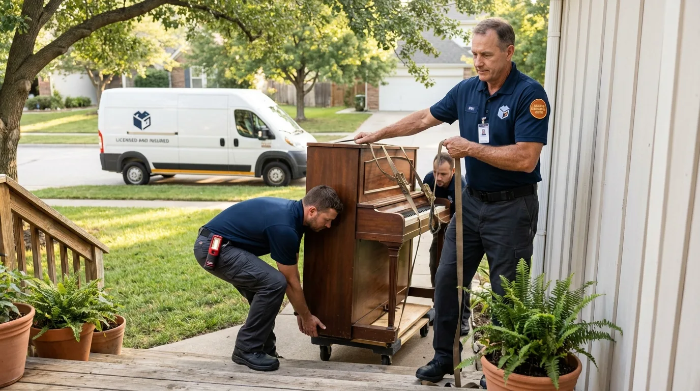 Licensed piano movers securing grand piano in Fall River, MA